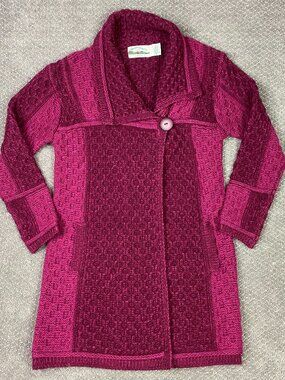 Aran Crafts Merino Wool Sweater Coat Womens Large Burgundy Cable Knit Cardigan